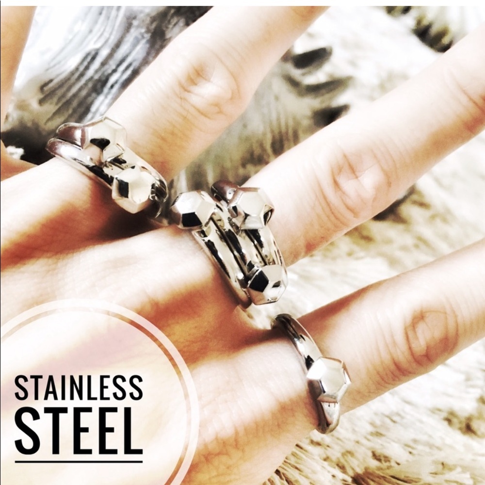 Steel Solitaire Hexagon Minimalist Ring